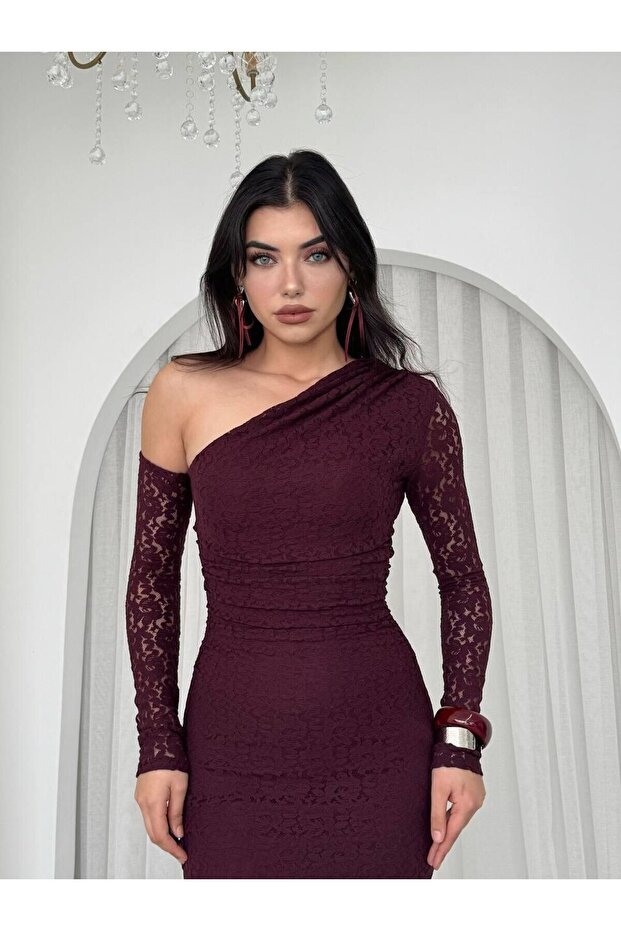 Bees Tek Omzu Açık Dantel Midi Elbise - 7