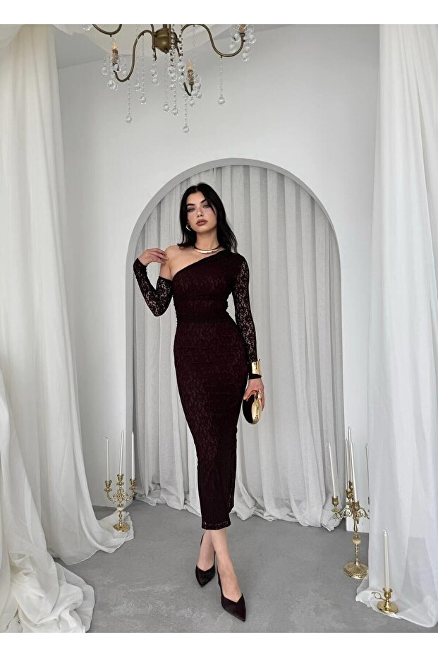 Bees Tek Omzu Açık Dantel Midi Elbise - 5