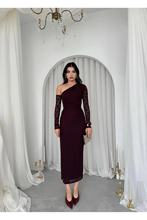 Bees Tek Omzu Açık Dantel Midi Elbise - 8