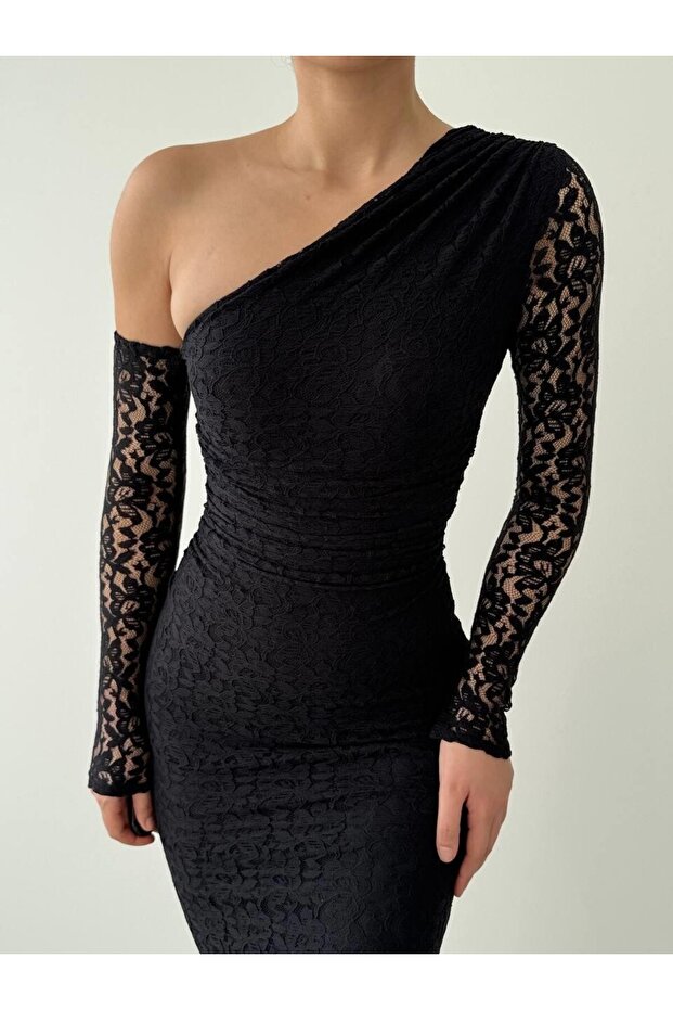 Bees Tek Omzu Açık Dantel Midi Elbise - 8