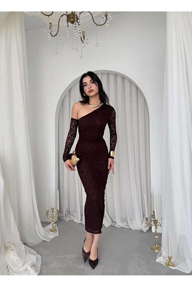 Bees Tek Omzu Açık Dantel Midi Elbise - 7