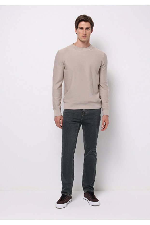 Regular Fit Yuvarlak Yaka Jakarlı Erkek Bej Kazak - 3