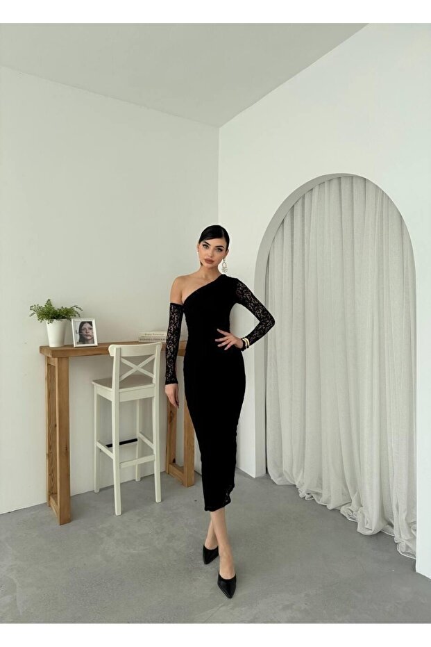 Bees Tek Omzu Açık Dantel Midi Elbise - 5