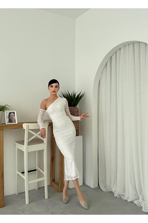 Bees Tek Omzu Açık Dantel Midi Elbise - 5
