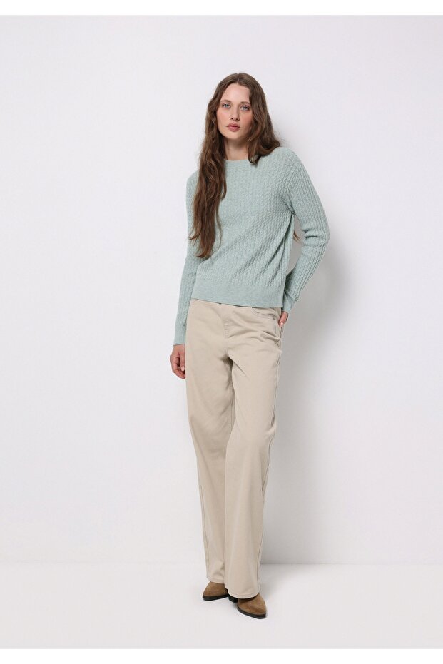 Regular Fit Yuvarlak Yaka Düz Kadın Yeşil Kazak - 3