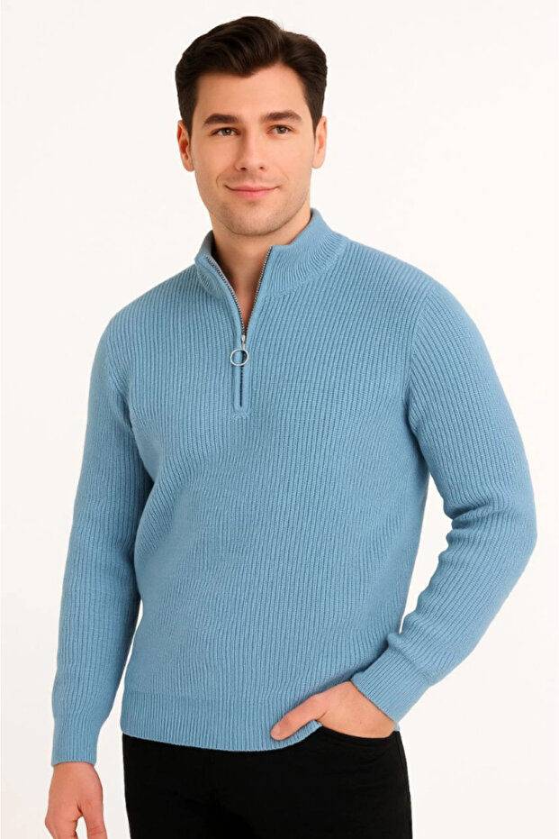 Men's Half-Zip Knit Sweater – Thessaloniki Knit, Stand Collar, Cotton Woven, Regular Fit Long Sleeve K