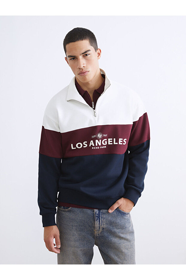 Men's Color Block Sweatshirt with Stand Collar