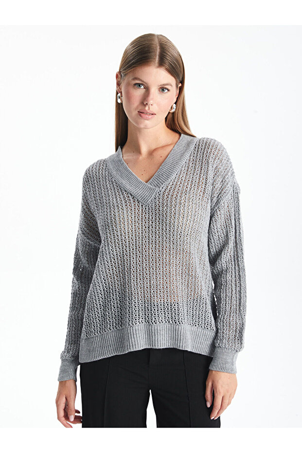 V-Neck Openwork Long Sleeve Women's Knitwear Sweater