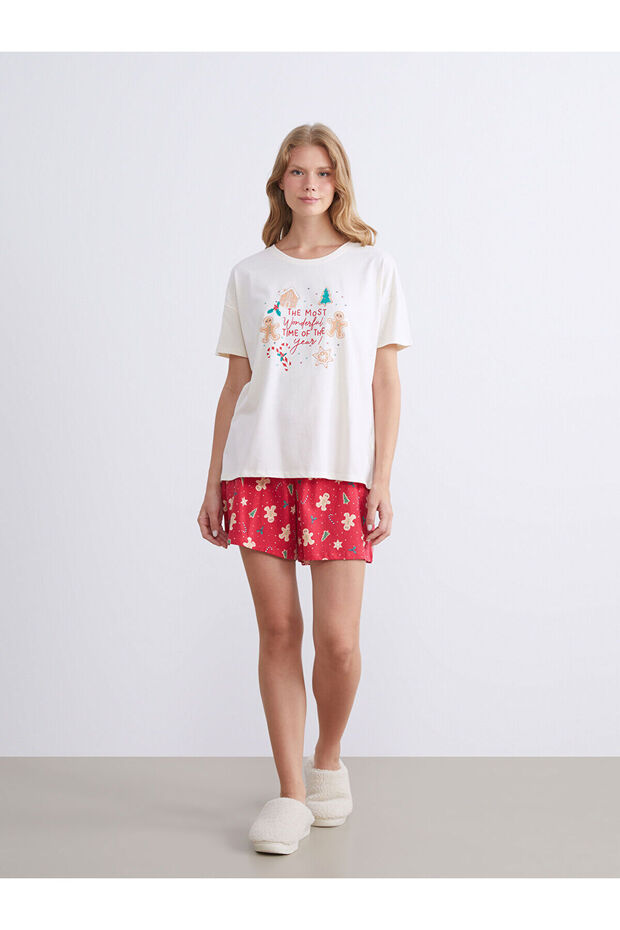 Two Mt Shop Quality Lcw Dream Red Combed Cotton Printed Short Sleeve Women's Shorts Pajama Set