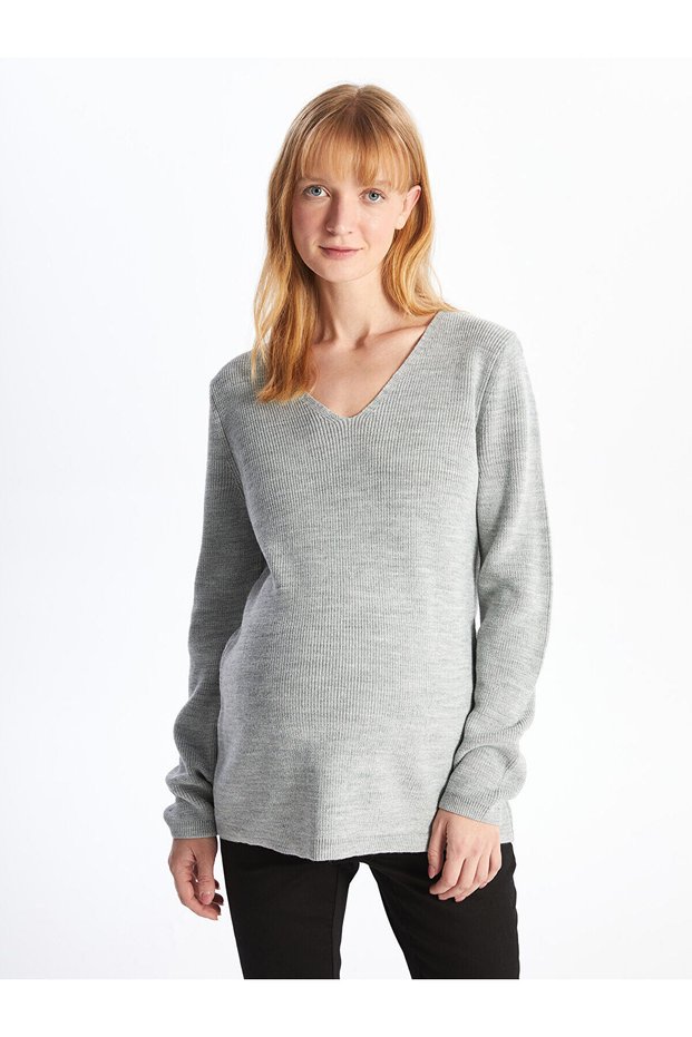 Lcwaikiki V-Neck Shiny Look Long Sleeve Maternity Knitwear Sweater (W4)
