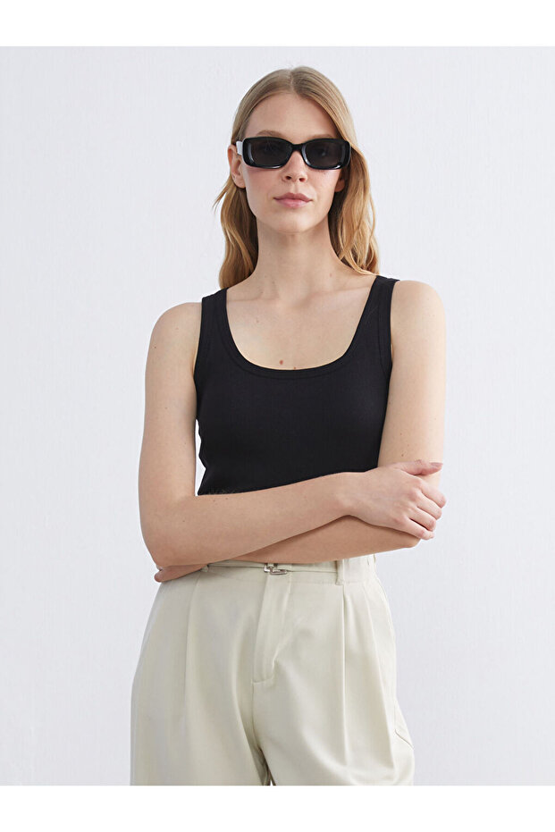 Lcw Everyday Black U-Neck Ribbed Women's Undershirt