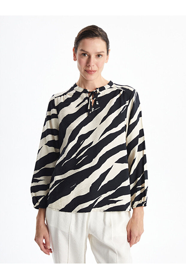 Black Tie Collar Patterned Long Sleeve Women's Blouse