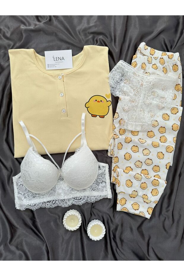 Women's Patterned Berlin Ribbed Knit Pajama Set with Underwear