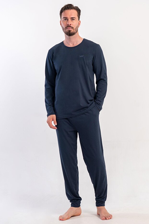 Men's Navy Blue Long Sleeve Crew Neck Combed Cotton Pajama Set C7T5N0405