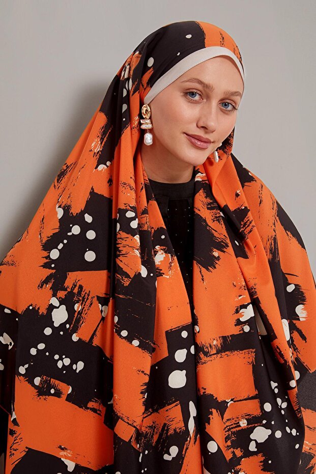 Orange Brushstroke Patterned Elegance Shawl - 2