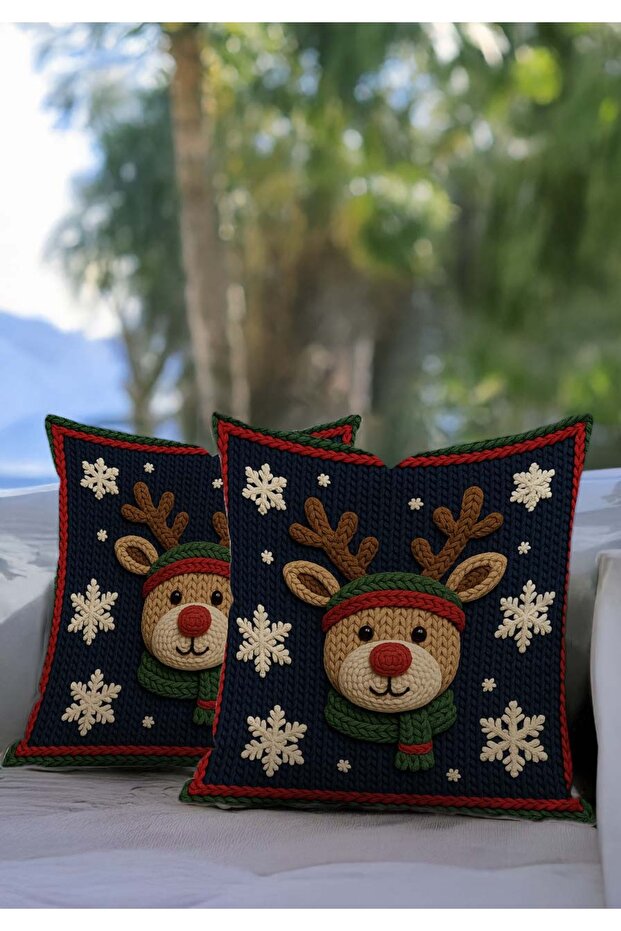 Christmas Themed Punch Embroidery Look Deer Pattern Throw Pillow Cover Set of 2