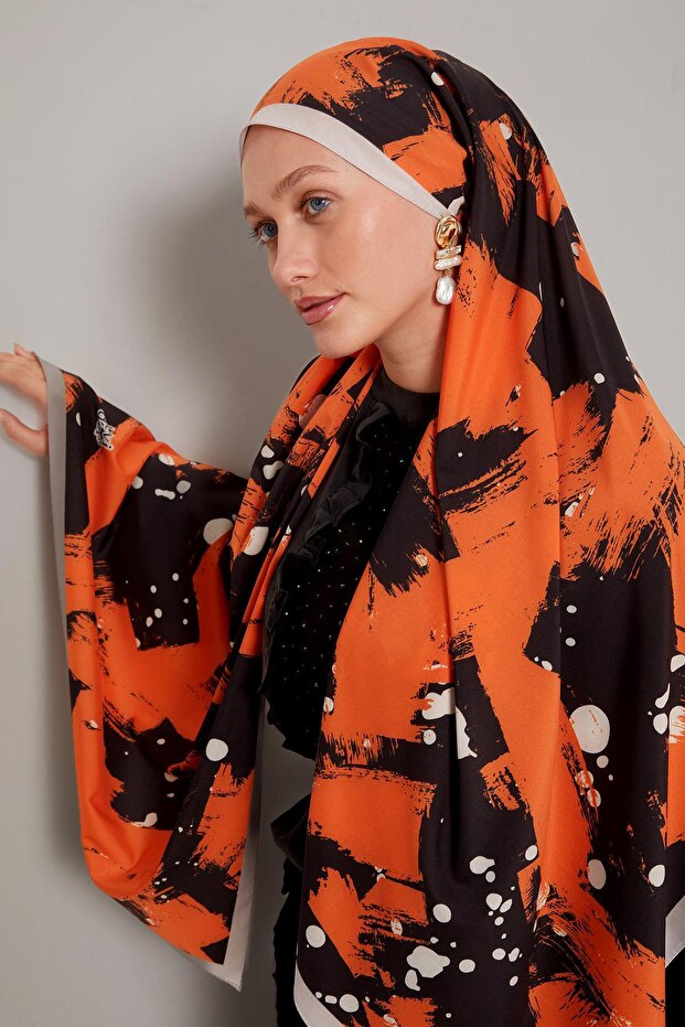 Orange Brushstroke Patterned Elegance Shawl - 3