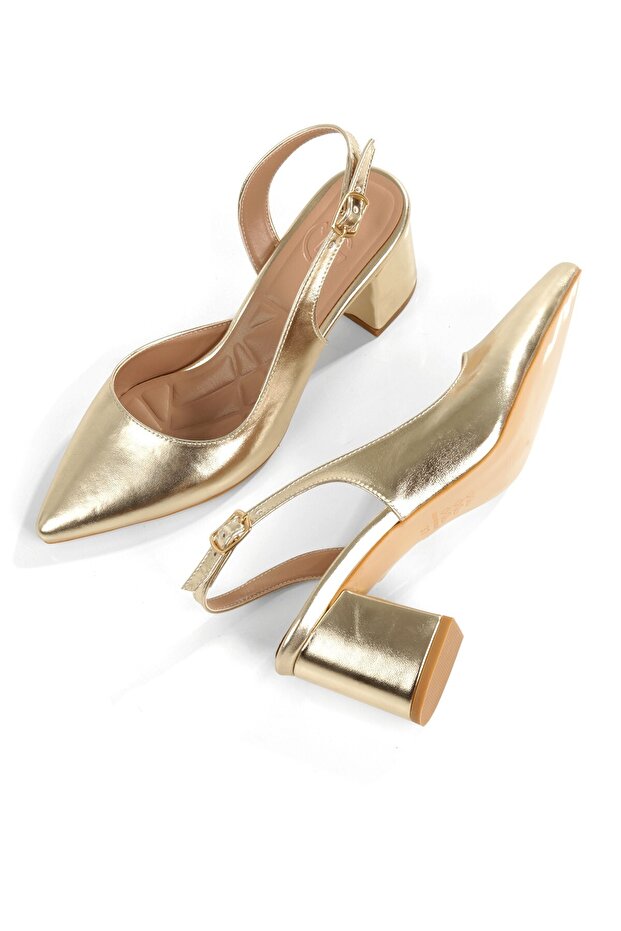Gold Color Evening Dress Shoes Thick Short Heels Closed Front Stiletto Verlik