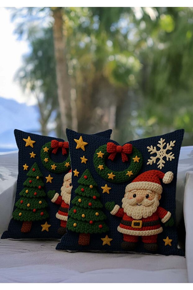 Christmas Navy Blue Background Santa Claus and Pine Tree Patterned Punch Embroidery Look Throw Pillow Cover Set of 2