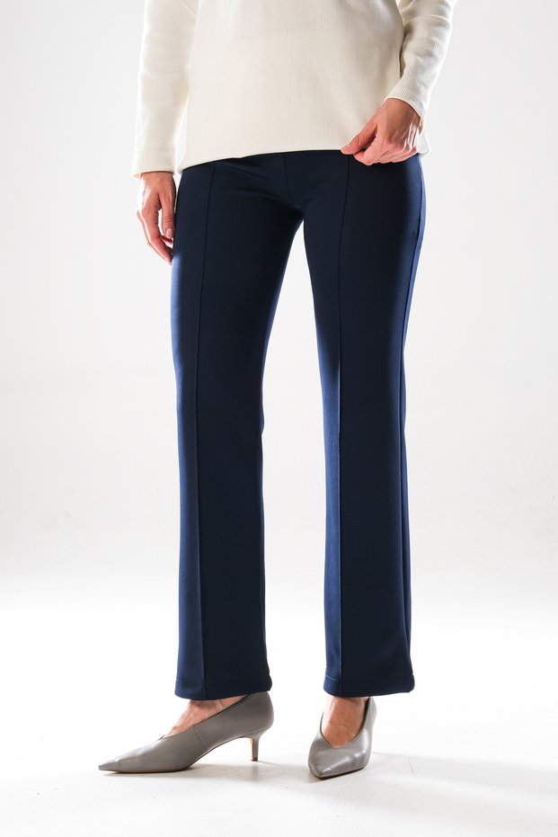 2292_Women's Scuba Fabric Flare Pants - High Waist, Ribbed Detail, - Stylish Pants with Hidden Zipper