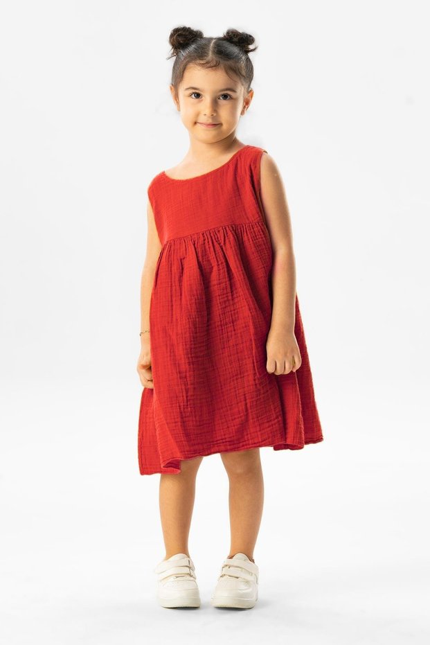 Sleeveless Bilge Yazlık Muslin Children's Dress Red Krmz