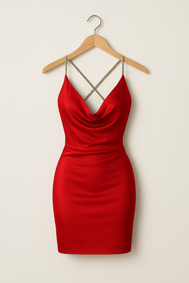 Red Glittery Degaje Collar Mini Dress