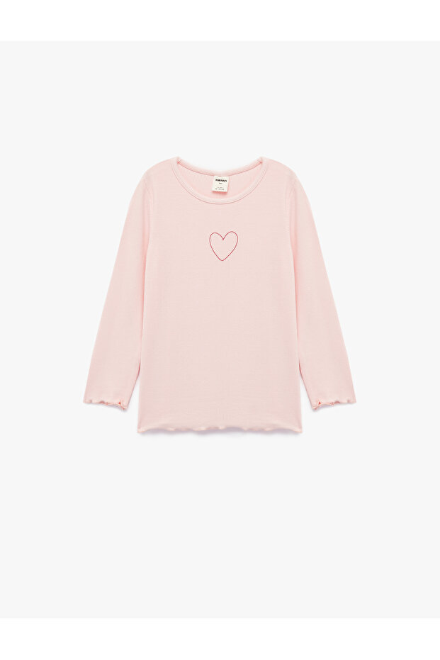Cotton Long Sleeve Camisole Heart Embroidered Crew Neck T-Shirt