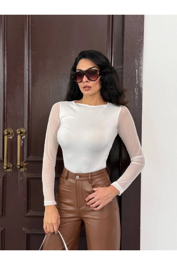 Women's White Long Tulle Sleeve Sandy Blouse Hzl25W-Fry122521
