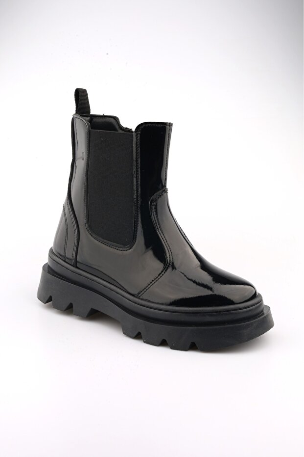 Yüksek Taban Lastikli Fermuarlı Rugan Siyah Çocuk Bot - 8