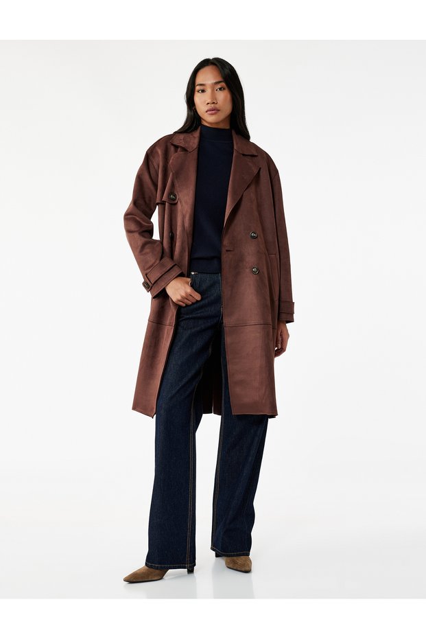 Belted Long Sleeve Pocketed Double-Breasted Suede Look Trench Coat