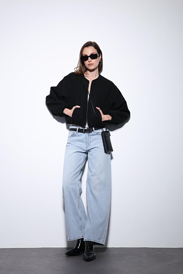 Black Elastic Waist Crop Women's Coat