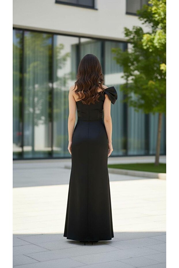 Siyah Tek Omuz Krep Abiye - 2