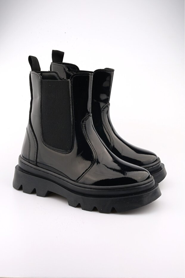 Yüksek Taban Lastikli Fermuarlı Rugan Siyah Çocuk Bot - 4