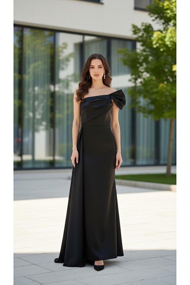 Siyah Tek Omuz Krep Abiye - 1