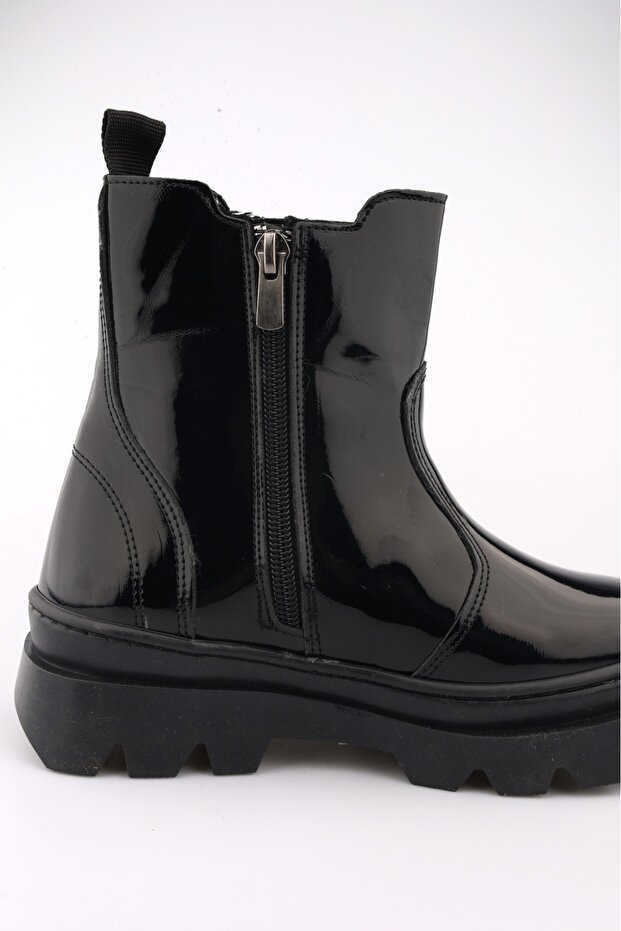 Yüksek Taban Lastikli Fermuarlı Rugan Siyah Çocuk Bot - 5