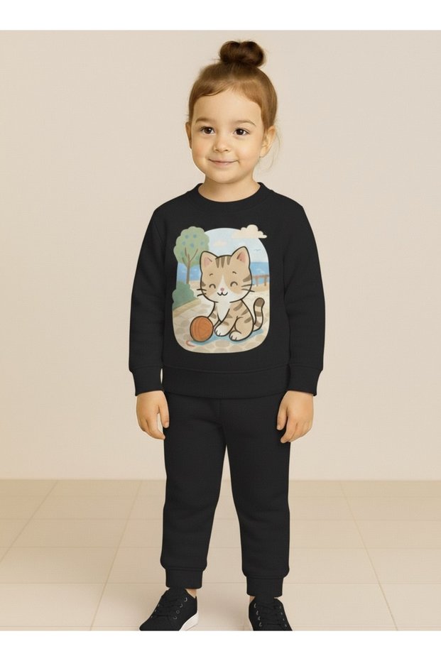 Crew Neck Fleece-Lined Unisex Children's Sweatshirt Spinning Top Printed Set 3 4 5 6 7 8 9 10 11 12 Years