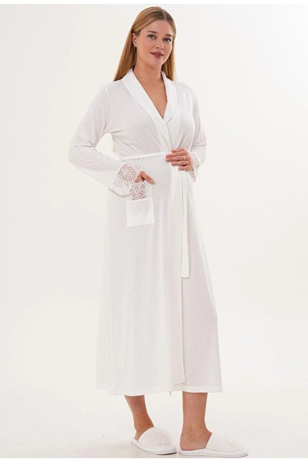 Women's Ecru Belted Special Design Lace Detailed Stretchy Dressing Gown