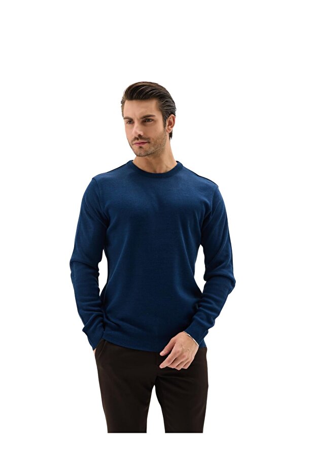 Erkek Bisiklet Yaka Yün Kazak Kışlık Şık Sıcak ve Yumuşak Triko Indigo L - 1