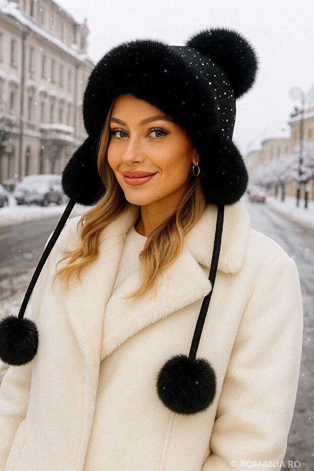 Black Soft Textured Women's Beanie with Stones and Pompoms