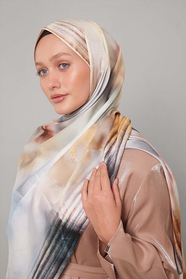 Hardal Ebruli Desen Twill Şal - 1