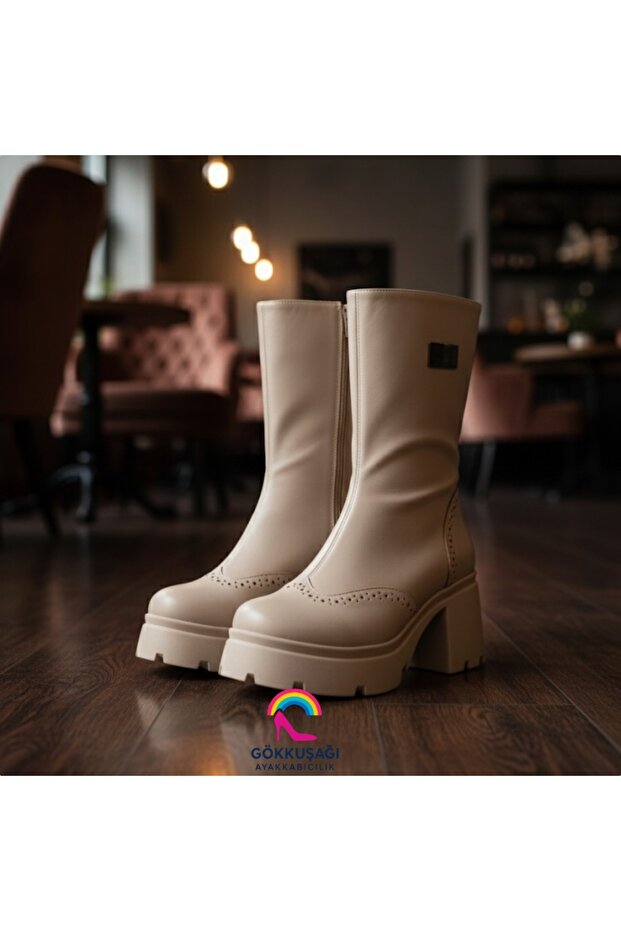 Brogue Detaylı Bej Rengi Platform Bot - 3