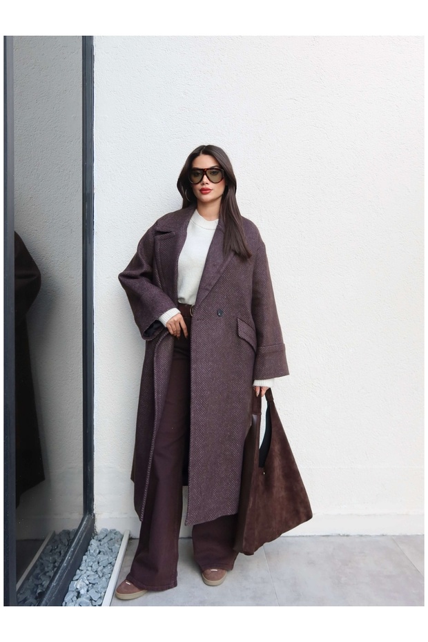 Herringbone Pattern Pocketed Long Coat