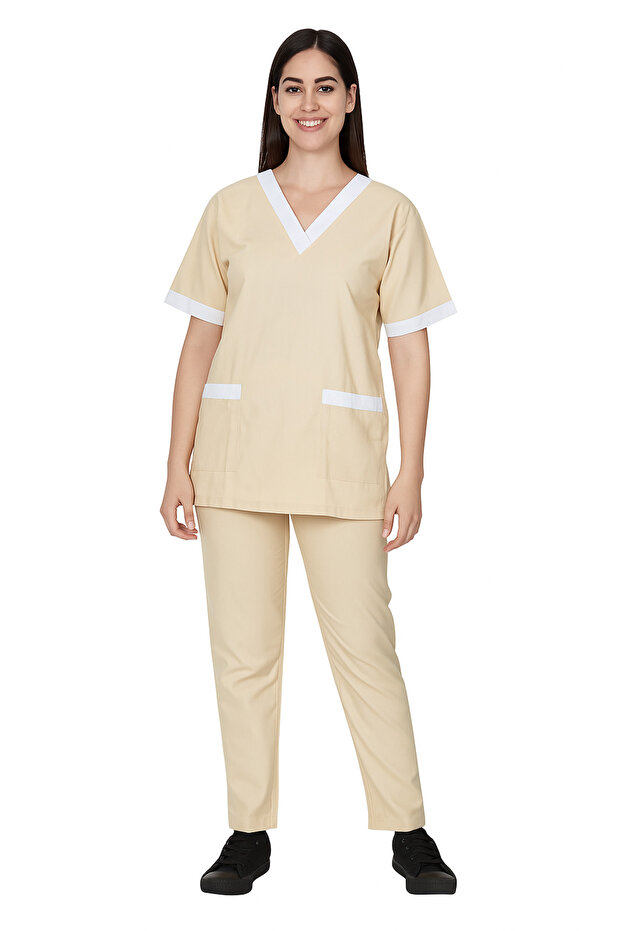 Women’s Scrub Set with White Trim – Uniform for Nurses and Cleaning Staff | V-Neck Top and Pants