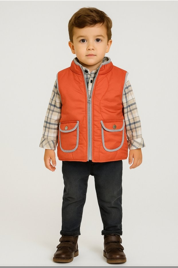 Boys' Zipper Closure Pocket Padded Vest Woven Shirt Elastic Waist Linen Pants Set