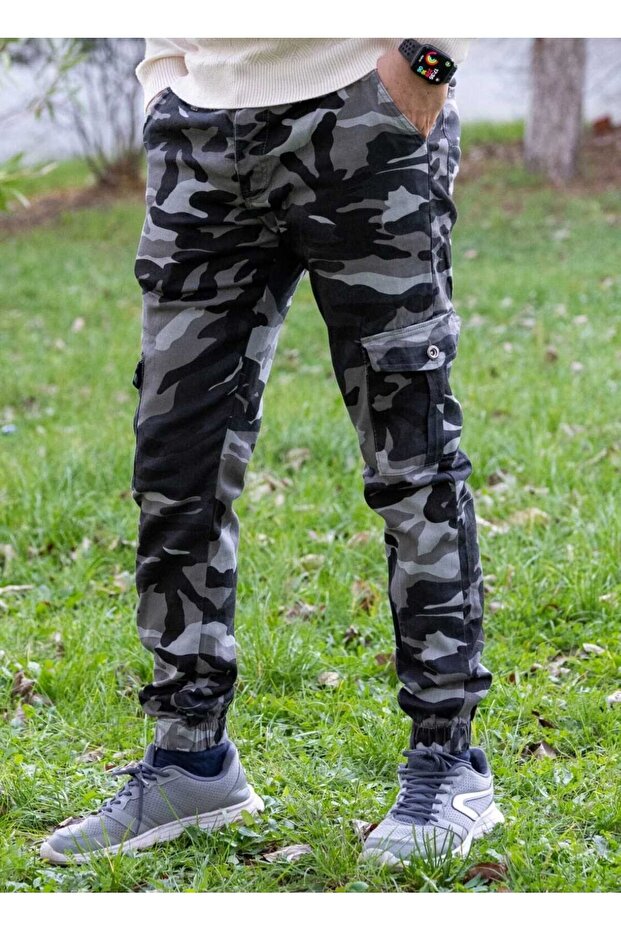 Military Commando Camouflage Patterned Slimfit Trousers with Cargo Pockets, Elasticated Legs