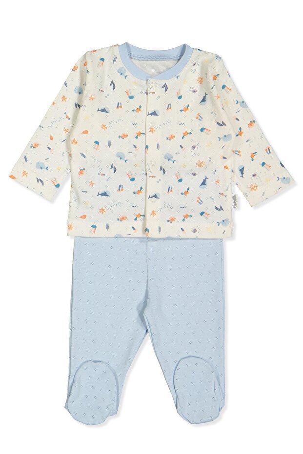 Lace-Like Knit Pajama Set with Footies (Ship Boy) Blue