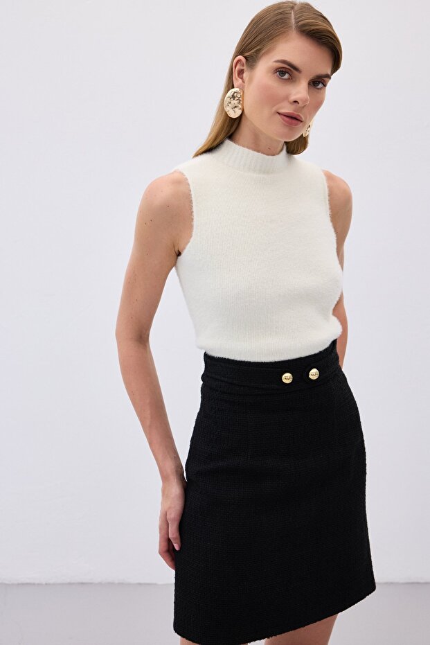 Sıfır Kol Sakallı Triko Bluz - Ekru - 4