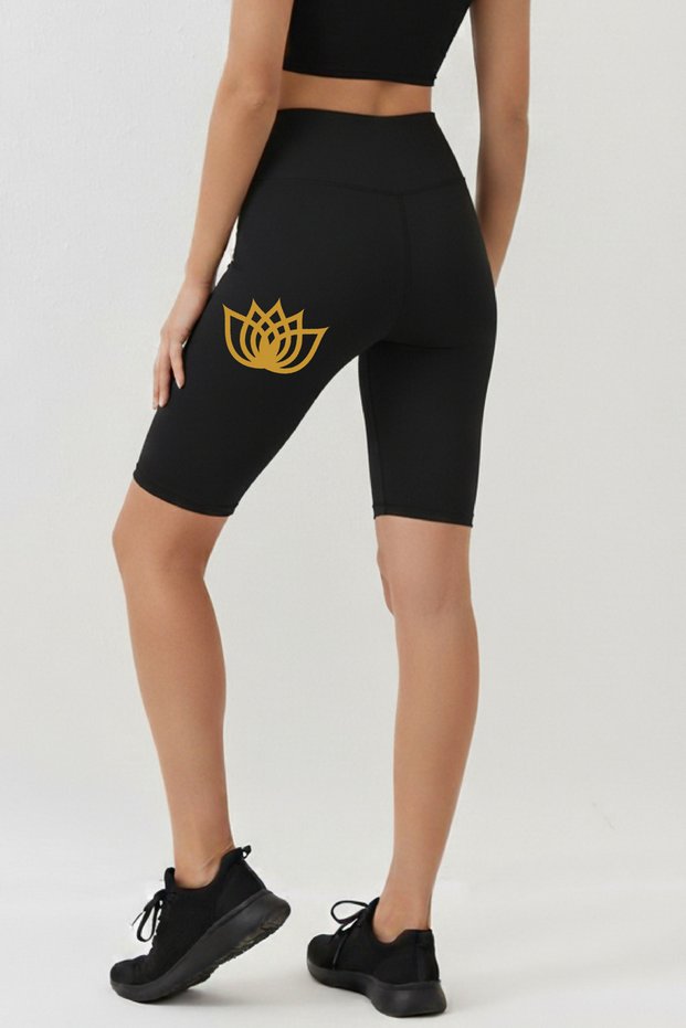 High Waist Black Yoga Pilates Athlete Short Leggings – Polyamide Fabric Golden Lotus Flower Women's Leggings