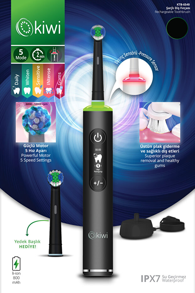 KTB-6540 Şarjlı Diş Fırçası | 5 Farklı Mod & LCD Ekran Siyah - 1