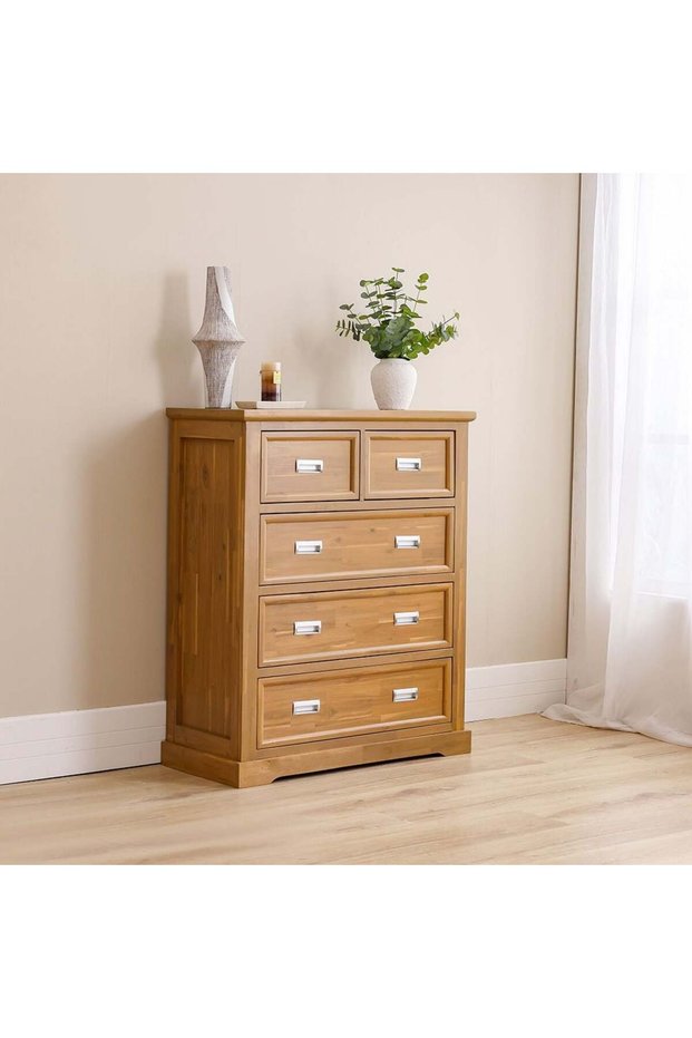 Canterbury Solid Wood Chest of 5 Drawers - Brown & Grey - Stylish Bedroom Storage - 100x45x120cm